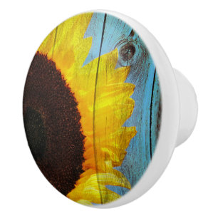 Rustic Country Sunflower Teal Wood Ceramic Knob
