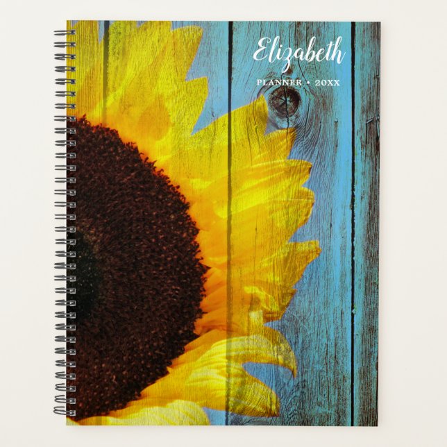 Rustic Country Sunflower Teal Wood Personalised Planner (Front)