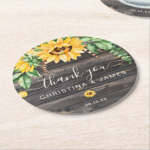 Rustic Country Sunflower Thank You Wedding Favour Round Paper Coaster