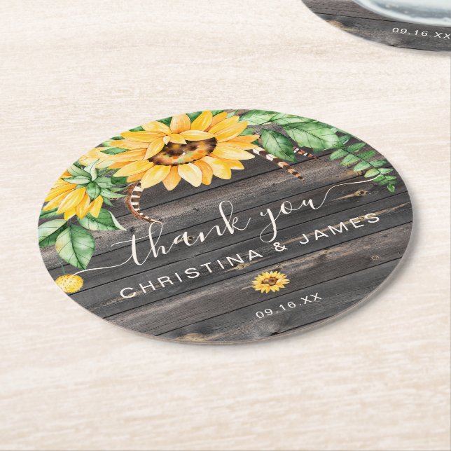 Rustic Country Sunflower Thank You Wedding Favour Round Paper Coaster (Angled)