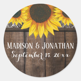 Rustic Country Sunflower Wedding Barn Wood Custom Classic Round Sticker