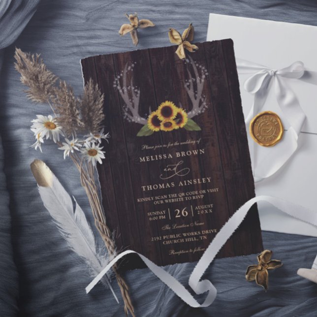 Rustic Country Sunflowers Antlers QR Code Wedding Invitation (Creator Uploaded)