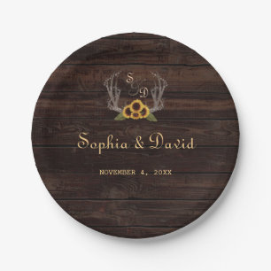 Rustic Country Sunflowers Antlers Wedding Paper Plate