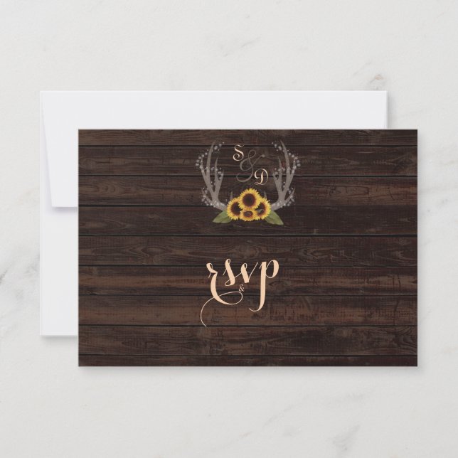 Rustic Country Sunflowers Antlers Wedding RSVP (Front)