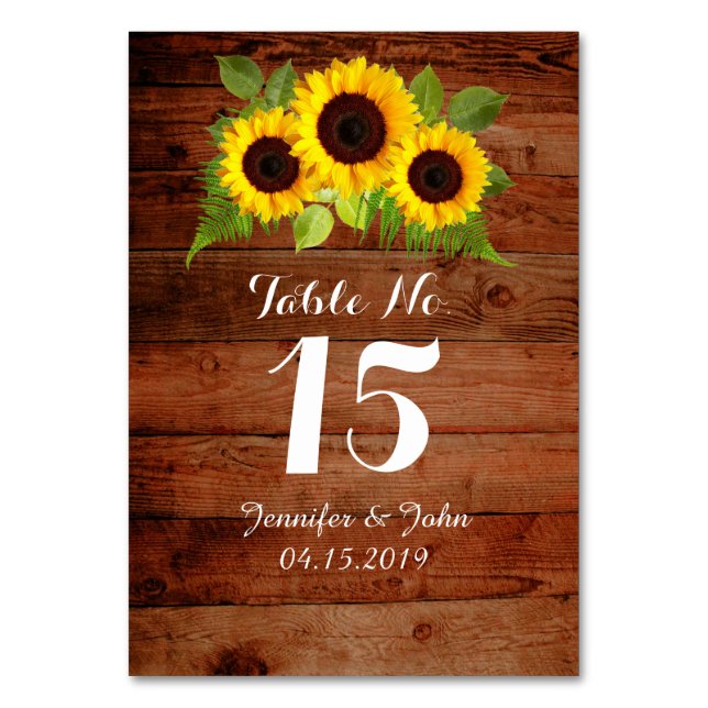 Rustic Country Sunflowers Fern Wedding Table Card (Front)