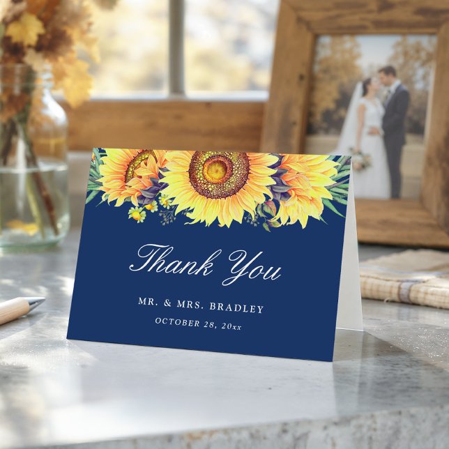 Rustic Country Sunflowers Navy Blue Thank You Card (Creator Uploaded)