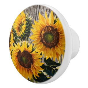 Rustic Country Sunflowers On Barnboard Print Ceramic Knob