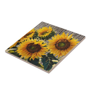 Rustic Country Sunflowers On Barnboard Print Ceramic Tile
