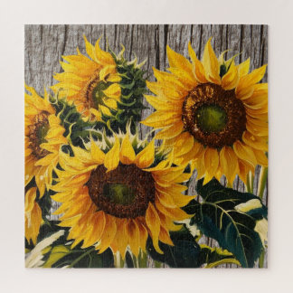Rustic Country Sunflowers On Barnboard Print" Jigsaw Puzzle