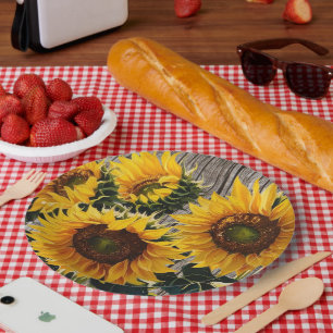 Rustic Country Sunflowers On Barnboard Print Paper Plate