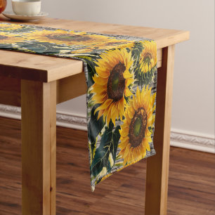 Rustic Country sunflowers On Barnboard Print Short Table Runner