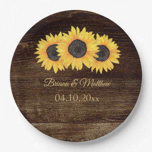 Rustic Country Sunflowers Wood Paper Dinner Plate