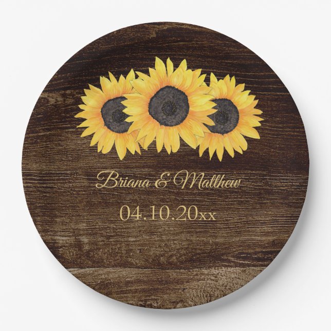 Rustic Country Sunflowers Wood Paper Dinner Plate (Front)
