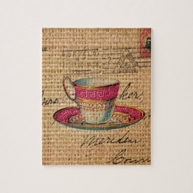 Rustic country tea party pink victorian teacup jigsaw puzzle (Vertical)