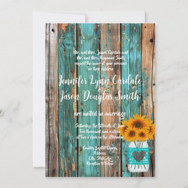 Rustic Country Teal Barn Wood Sunflower Mason Jar Invitation (Front)