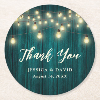 Rustic Country Teal Wedding Thank You Round Paper Coaster