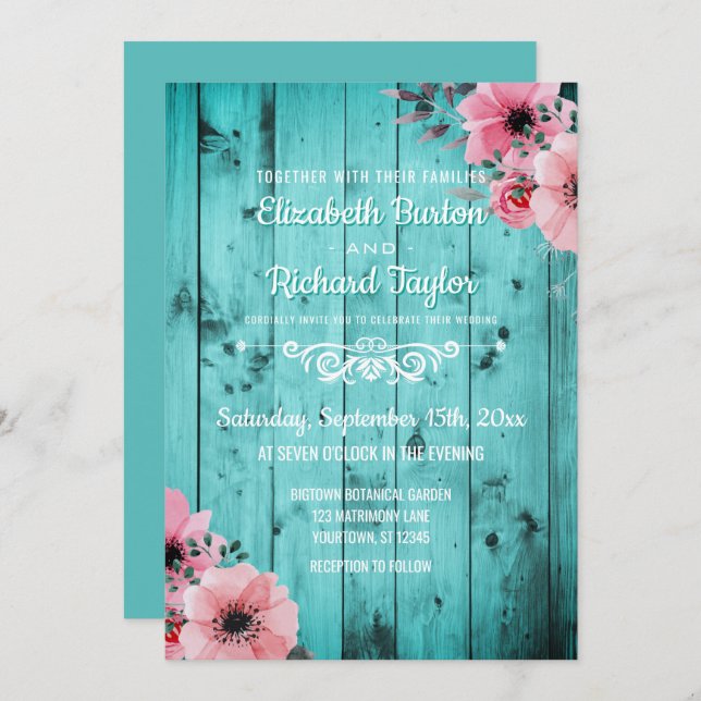Rustic Country Teal Wood Pink Floral Boho Wedding Invitation (Front/Back)