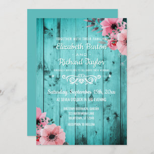 Rustic Country Teal Wood Pink Floral Boho Wedding Invitation