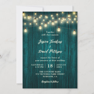 Rustic Country Teal Wood String Lights Wedding Invitation
