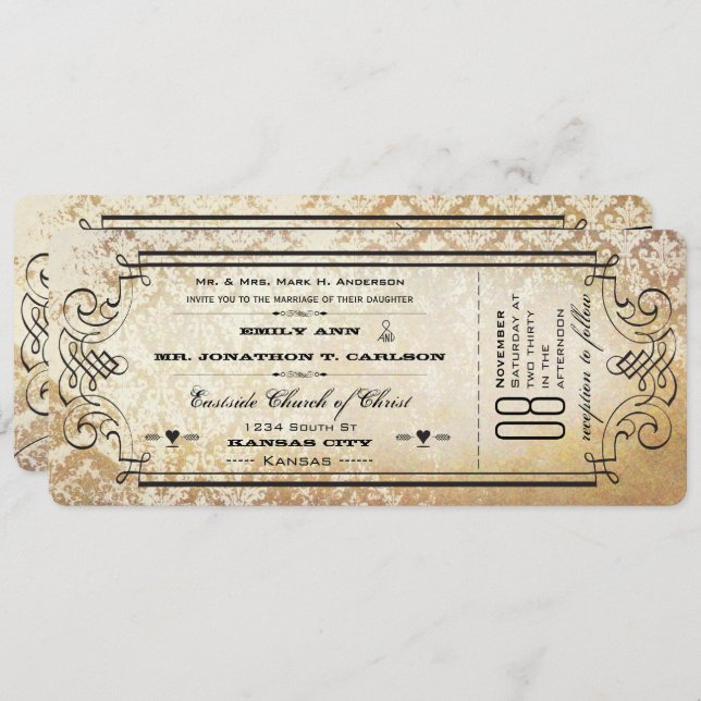 Rustic Country Ticket Typography Wedding Invites (Front/Back)