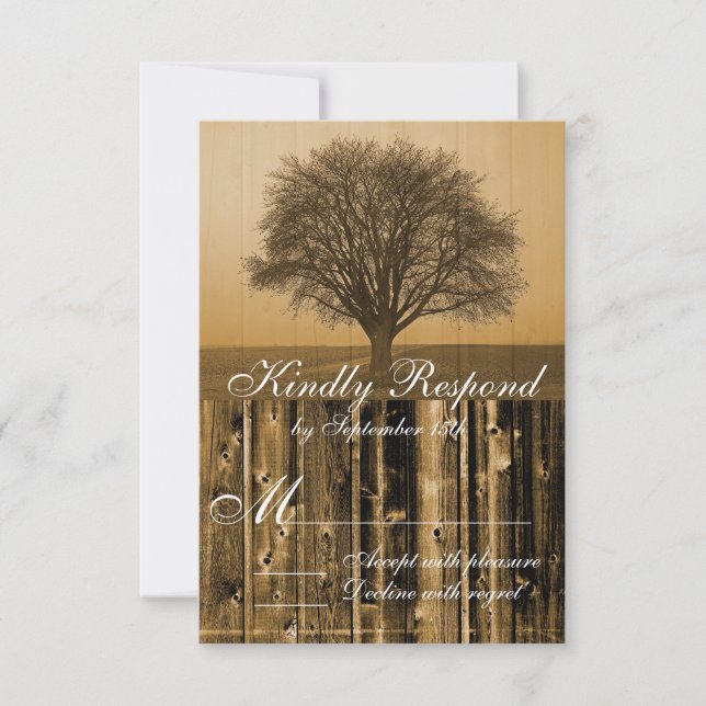 Rustic Country Tree Barn Wood Wedding RSVP Cards (Front)