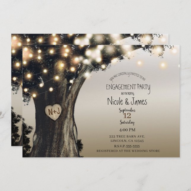 Rustic Country Tree Lights Modern Barn Engagement Invitation (Front/Back)