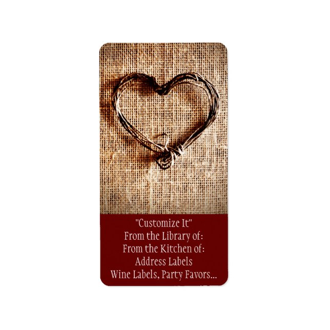 Rustic Country Twine Heart on Burlap Print Label (Front)