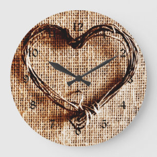 Rustic Country Twine Heart on Burlap Print Large Clock