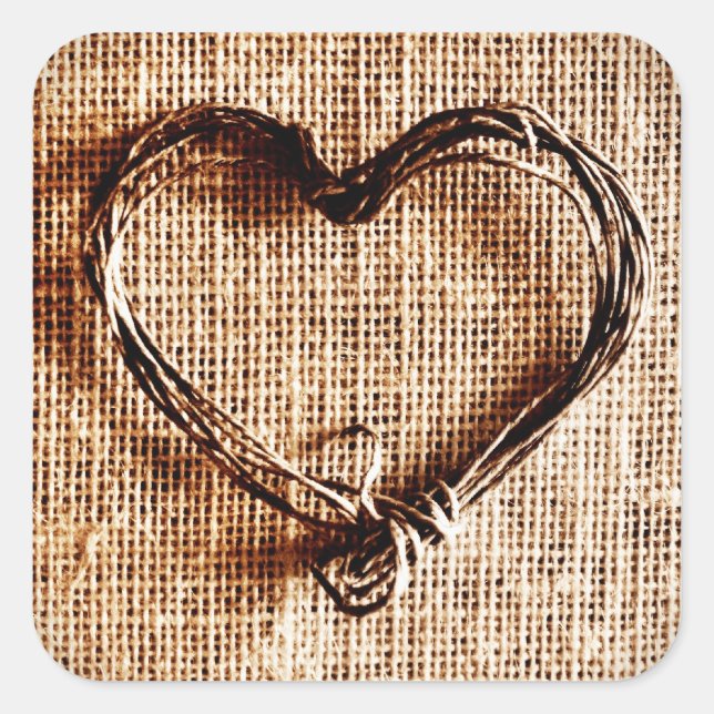 Rustic Country Twine Heart on Burlap Print Square Sticker (Front)