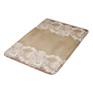 Rustic country vintage beige burlap and white lace bath mat