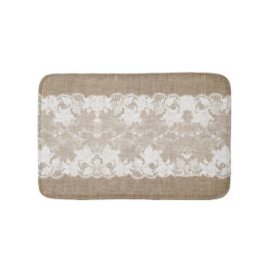 Rustic country vintage beige burlap and white lace bath mat