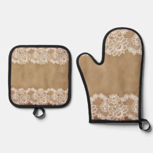 Rustic country vintage beige burlap and white lace oven mitt & pot holder set