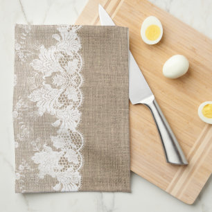 Rustic country vintage beige burlap and white lace tea towel