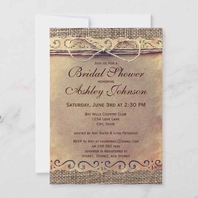 Rustic Country Vintage Bridal Shower Invitations (Front)