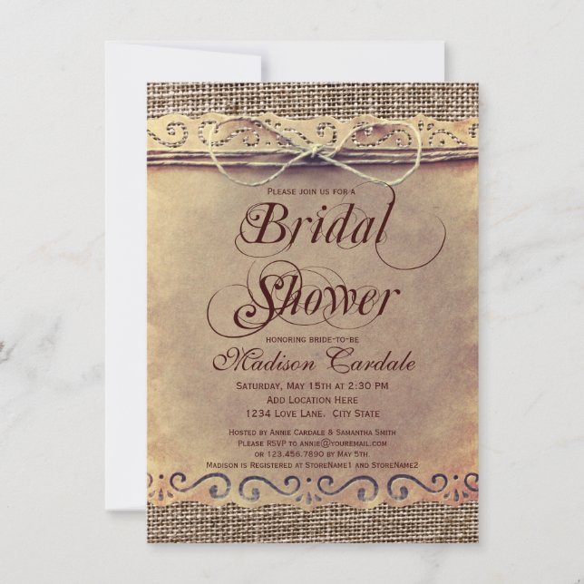 Rustic Country Vintage Bridal Shower Invitations (Front)