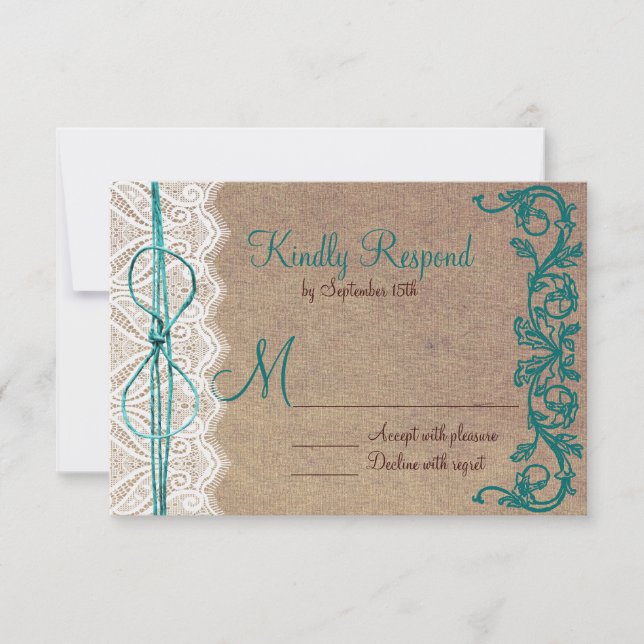 Rustic Country Vintage Brown Teal Wedding RSVP (Front)