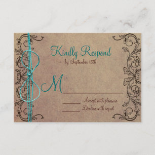 Rustic Country Vintage Brown Teal Wedding RSVP