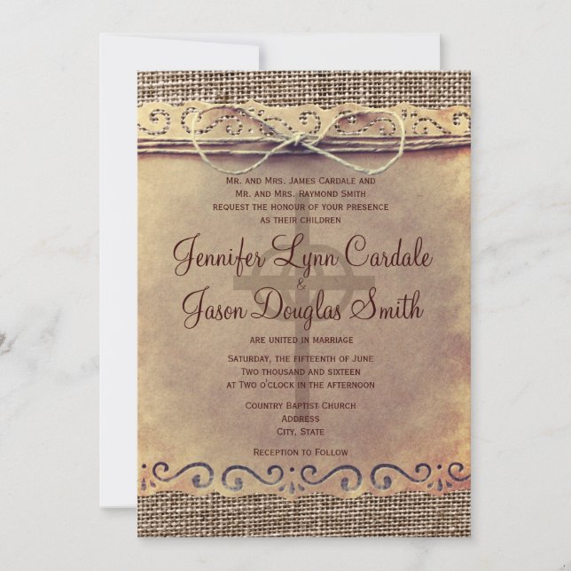 Rustic Country Vintage Burlap Wedding Invitations (Front)