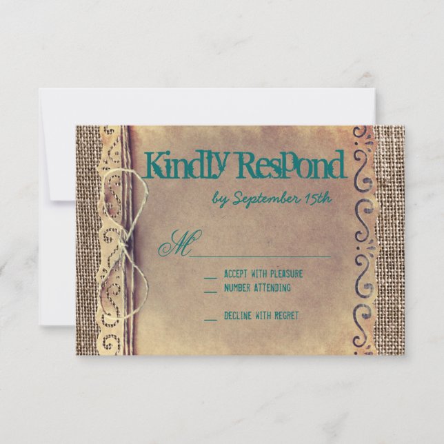 Rustic Country Vintage Paper Teal Wedding RSVP Card (Front)