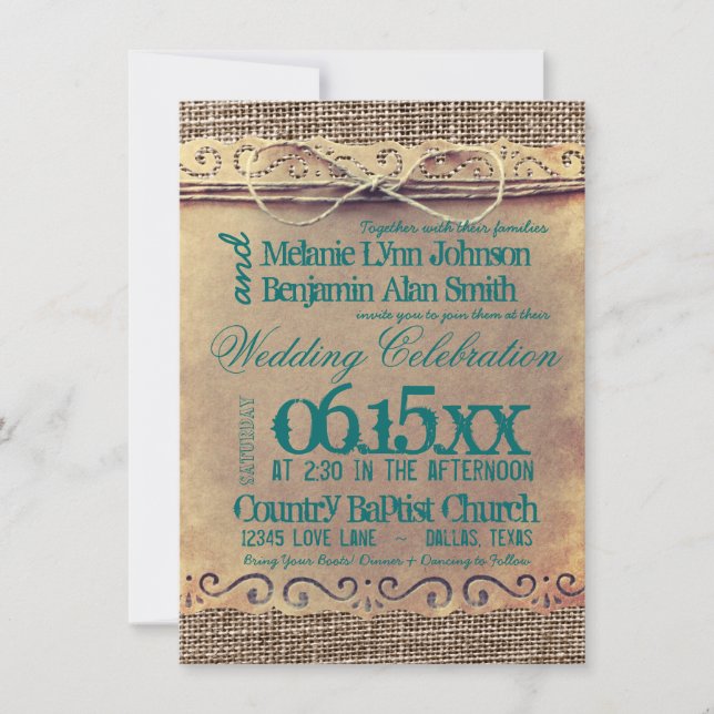 Rustic Country Vintage Paper Wedding Teal Invites (Front)