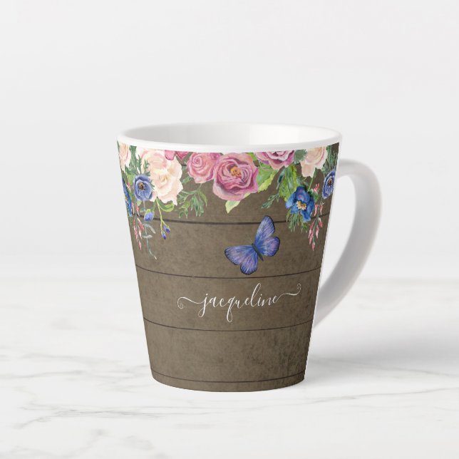 Rustic country Watercolor Floral Burgundy Navy Latte Mug (Right Angle)