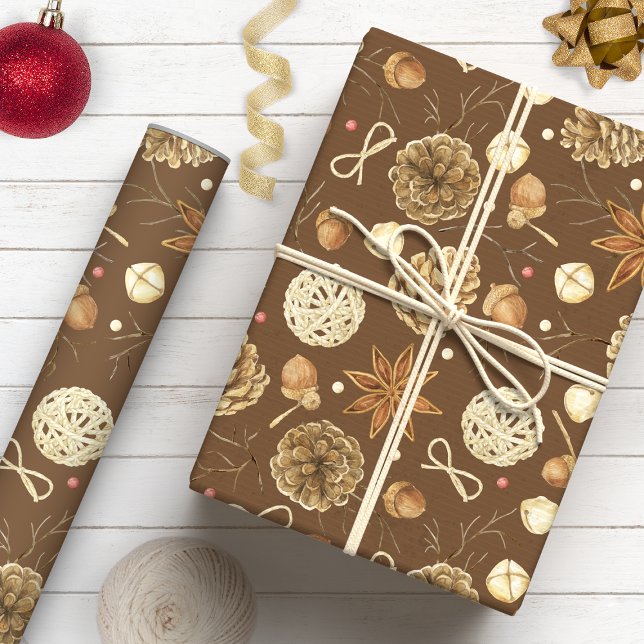 Rustic Country Watercolor Pine Cone Brown Holiday Wrapping Paper (Creator Uploaded)