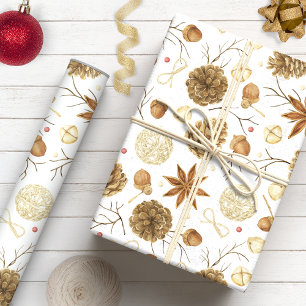 Rustic Country Watercolor Pine Cone Holiday Wrapping Paper