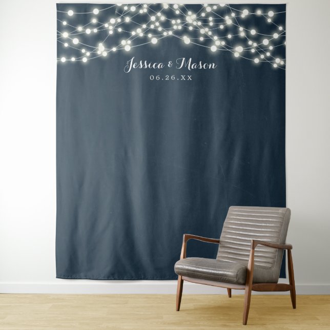 Rustic Country Wedding Backdrop Photo Booth Lights Tapestry (In Situ)