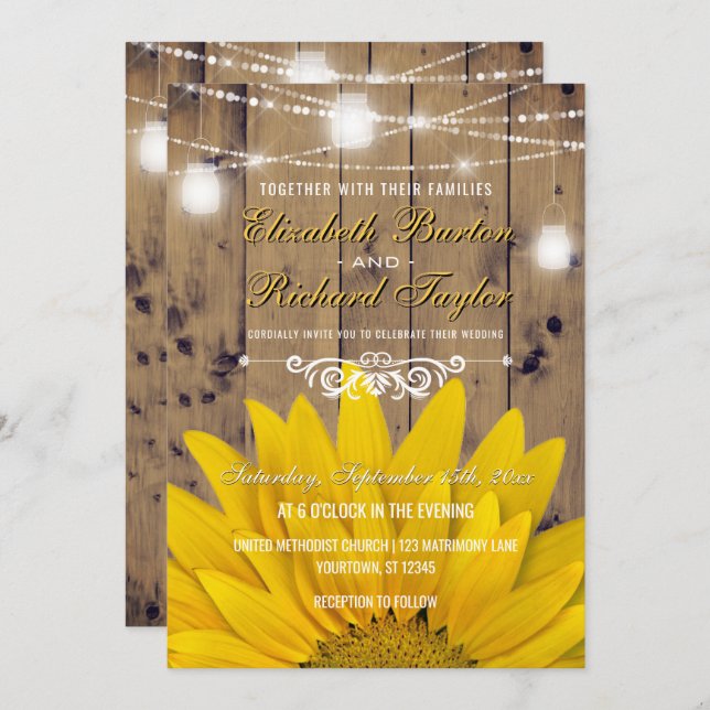 Rustic Country Wedding Mason Jar Lights Sunflower Invitation (Front/Back)