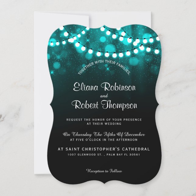 Rustic country wedding string lights turquoise invitation (Front)