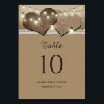 Rustic Country Wedding Table Number Card<br><div class="desc">Rustic wedding table number card featuring burlap hearts and string lights.</div>