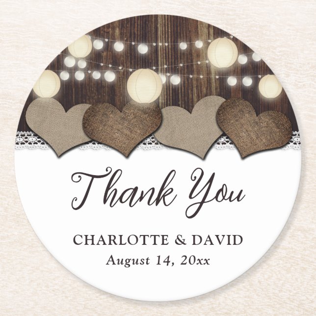 Rustic Country Wedding Thank You Round Paper Coaster (Front)