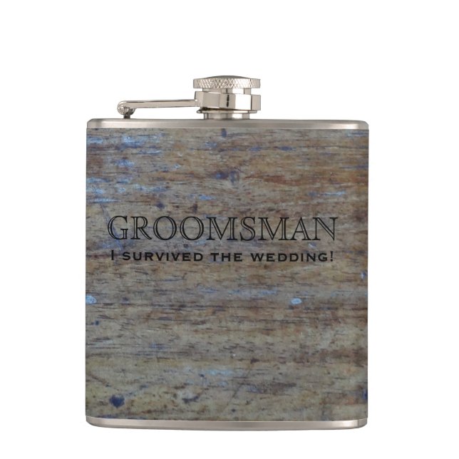 Rustic Country Wedding Wood | Funny Groomsman Hip Flask (Front)