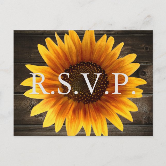 Rustic Country Wedding Wood & Sunflowers RSVP Invitation Postcard (Front)